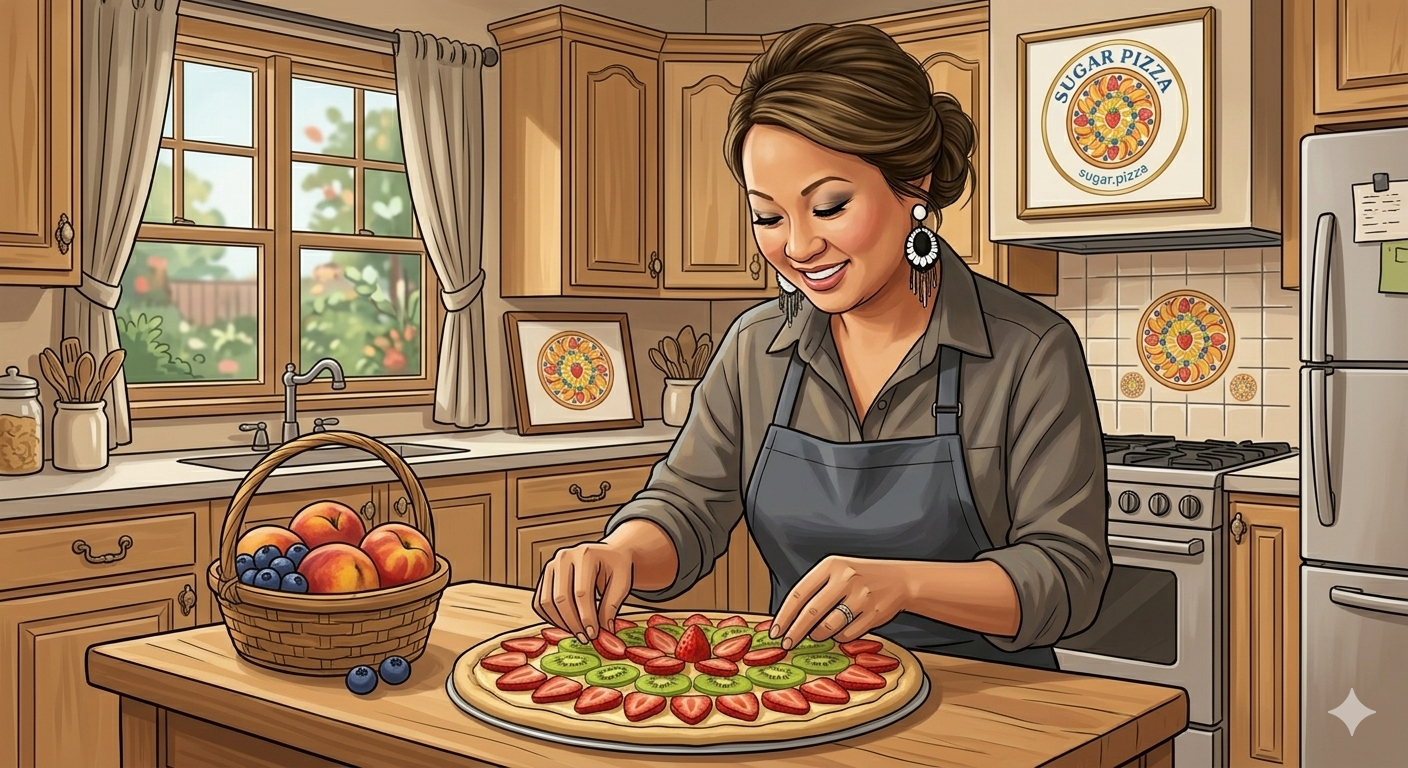 Xer Sayasy, Sugar Pizza fruit pizza chef, Gilbert AZ — placing fresh fruit on a handmade pizza